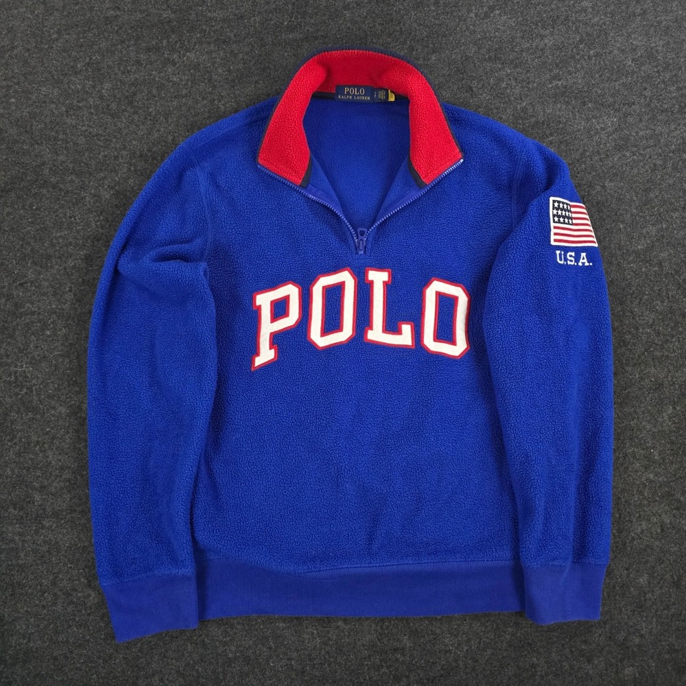 Polo Ralph Lauren Blue Fleece Quarter Zip Pullover USA Flag Patch Men's Small